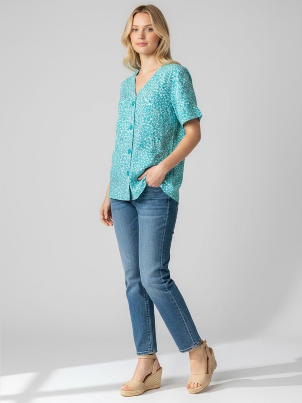 Doe & Rae Aqua Animal Print Button-Front Blouse